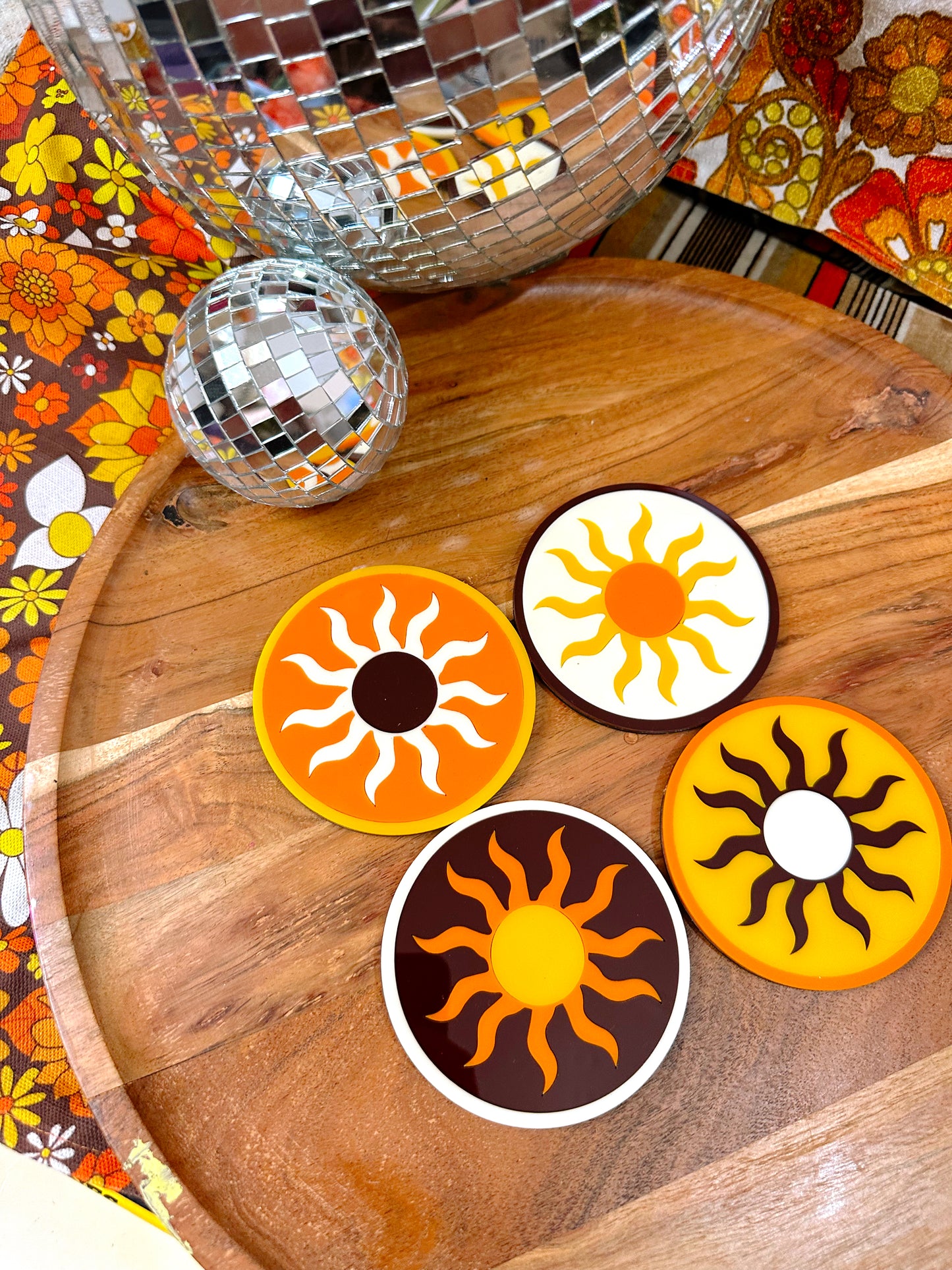 Here comes the sun retro inspired 1970s coasters