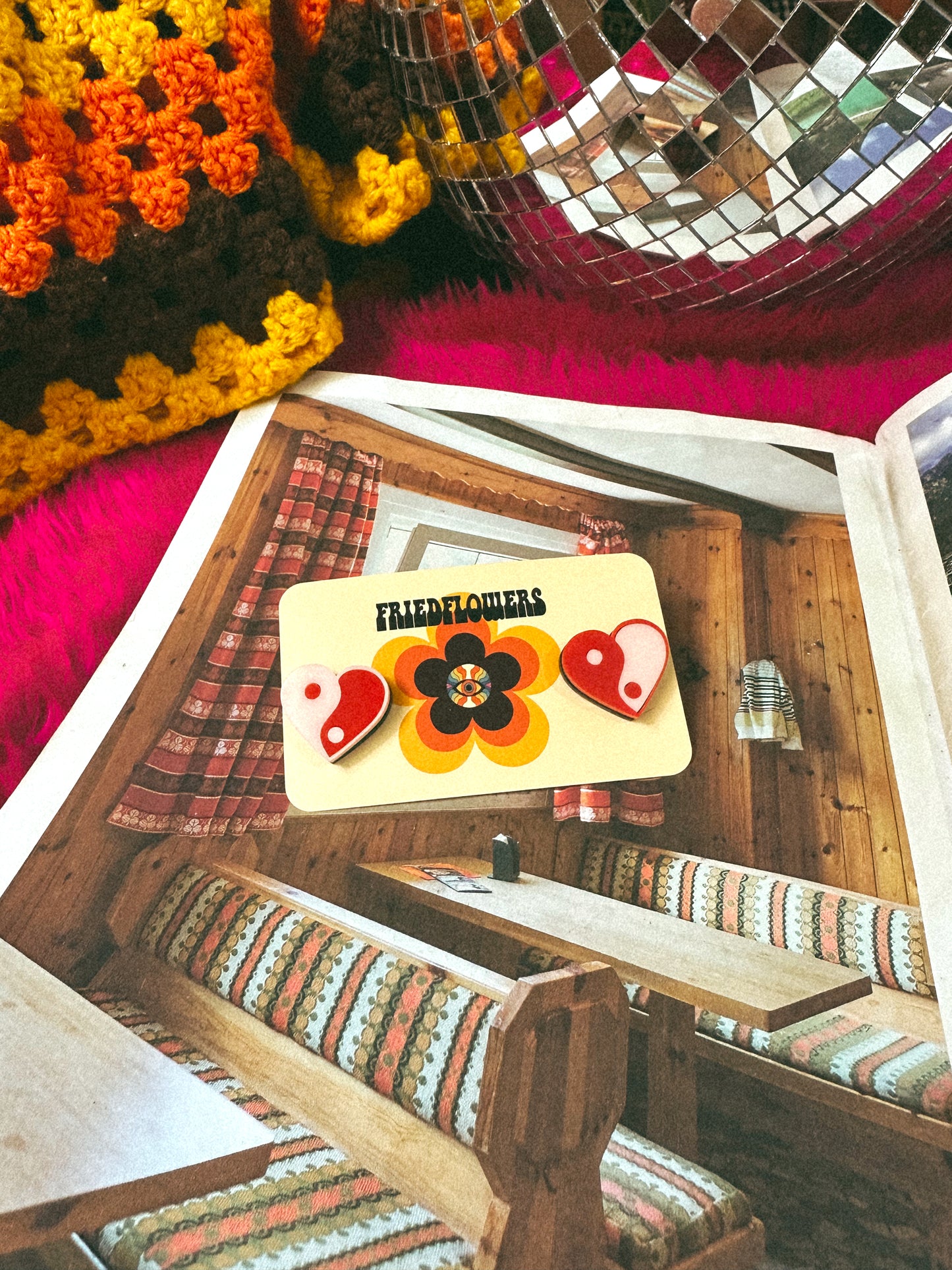 Pink/red Heart yin and yang studs