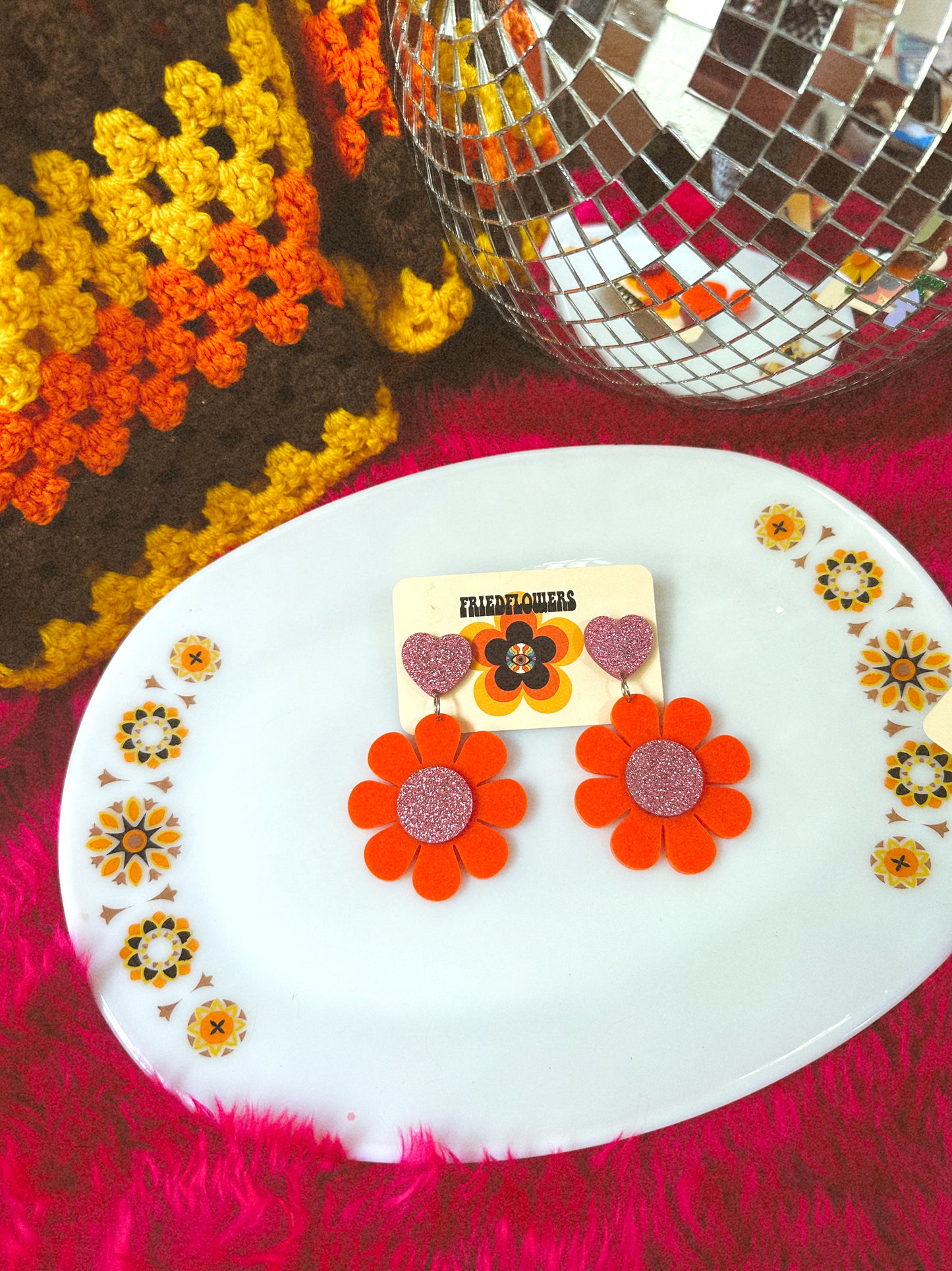 Sample orange/ glitter Purple Groovy flower earrings